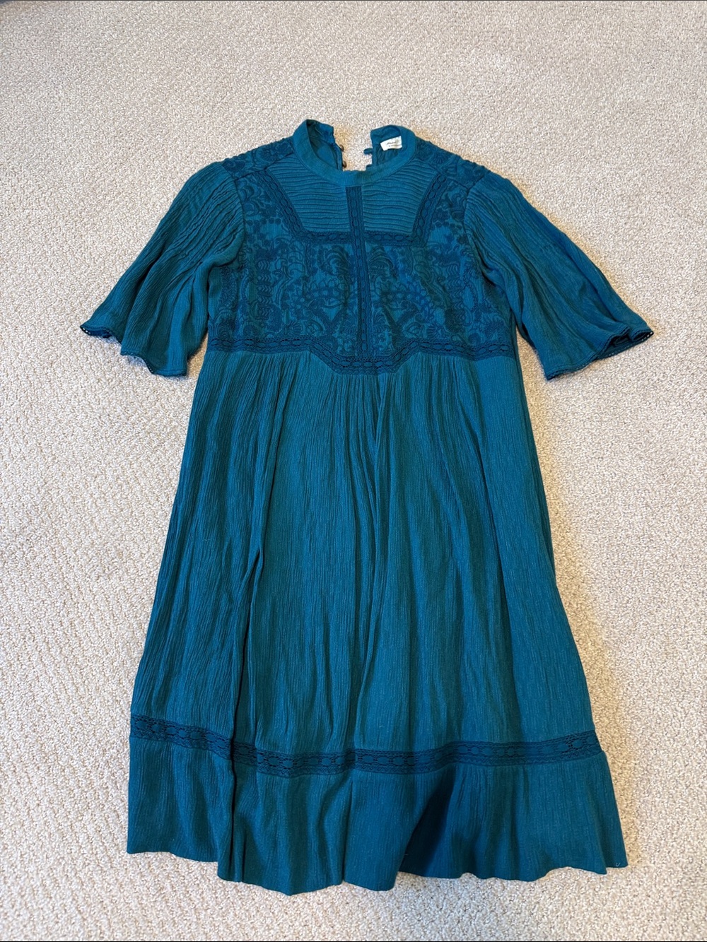 Anthropologie Teal Embroidered Midi Dress